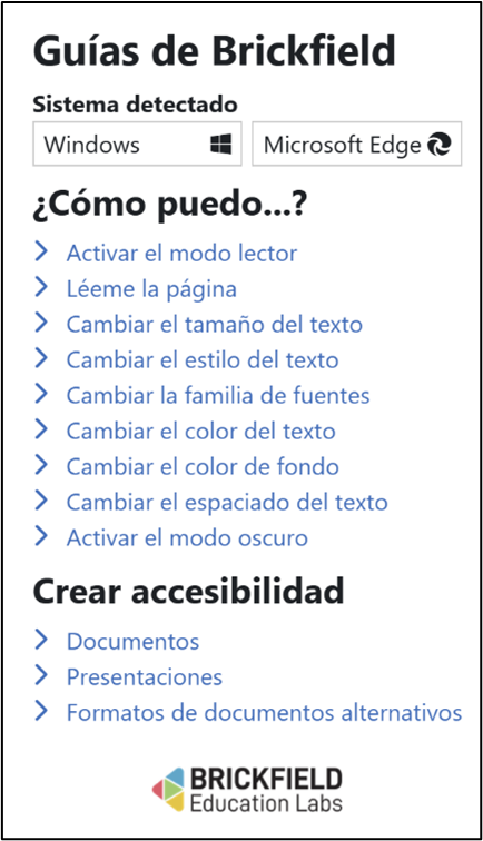 Captura de pantalla de las Guías de Brickfield que facilitan al usuario conocer cómo sacar provecho a los recursos de su navegador.