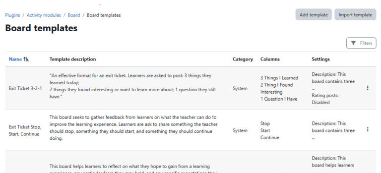 A Moodle admin page listing the templates which are available to the Board activity. Columns include Name, Template Description, Columns and Settings. With options for import, export, and creating a template.