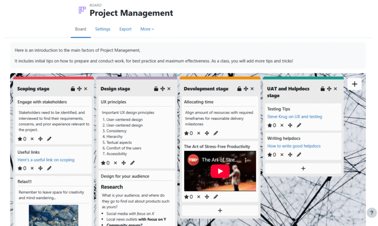 creenshot of a 'Project Management' board with four columns: Scoping stage, Design stage, Development stage, and UAT and Helpdocs stage. Each column contains cards with text, links, or media. The Scoping stage includes a text card, a link, and an image. The Design stage has cards with UX principles and research notes. The Development stage includes a task description and an embedded TED Talk video. The UAT and Helpdocs stage contains cards linking to external resources on UX testing and writing helpdocs.