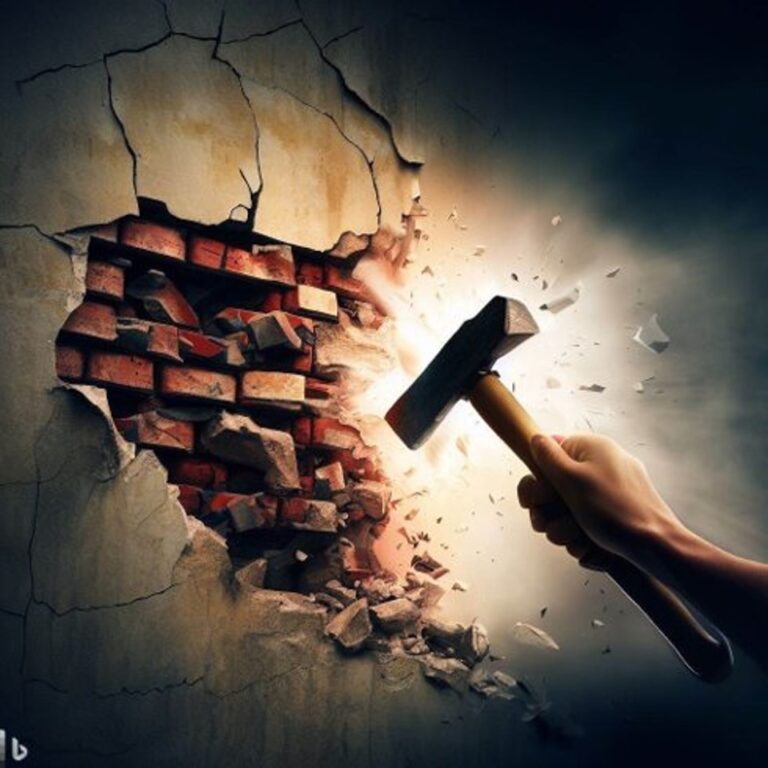 A large hammer being swung at a wall breaking the plaster off it showing bricks underneath.