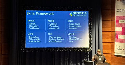 An auditorium with attendees in seated rows facing a brightly lit stage. On the stage is a large screen displaying the logo "Brickfield Education Labs" with a colourful geometric design in the top right. The slide displays the title "Skills Framework". The framework is organised in stacked layers, each representing different skill categories such as: Image, Media, Table, Links, Text, and Layout. Gavin, Co-Founder of Brickfield Education Labs, stands in front of the screen to the right speaking to the audience.