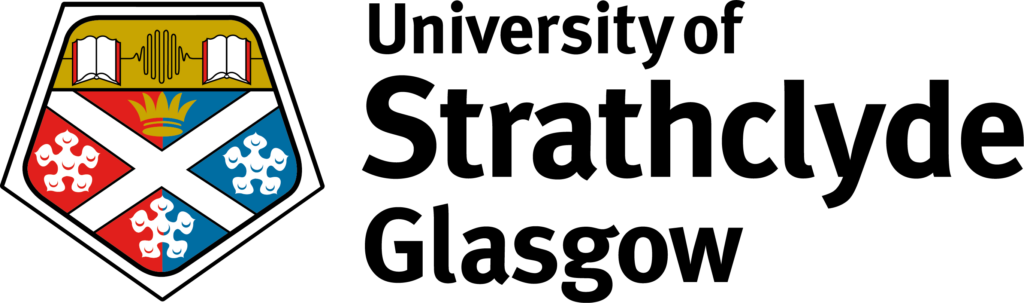 University of Strathclyde logo in white featuring a shield to the left. The shield is divided into four sections involving a book, a crown, and floral emblems.