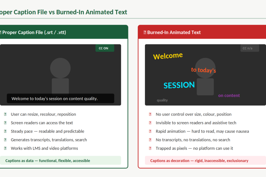 Side-by-side comparison of two approaches to video captions. On the left, labelled "Proper Caption File (.srt / .vtt)", a video player shows steady white caption text on a dark background reading "Welcome to today's session on content quality", with a CC ON button visible. Below it, five green ticks confirm: user can resize, recolour, and reposition; screen readers can access the text; steady pace that is readable and predictable; generates transcripts, translations, and search; works with LMS and video platforms. A summary reads "Captions as data — functional, flexible, accessible." On the right, labelled "Burned-In Animated Text", the same video shows words scattered across the frame in different sizes, colours, angles, and opacities, with no CC control available. Below it, five red crosses confirm: no user control over size, colour, or position; invisible to screen readers and assistive tech; rapid animation that is hard to read and may cause nausea; no transcripts, translations, or search; trapped as pixels with no platform able to use it. A summary reads "Captions as decoration — rigid, inaccessible, exclusionary."