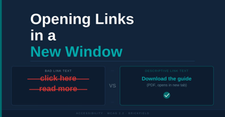 Opening Links in a New Window. It compares poor and good link text: the left example shows “click here” and “read more” crossed out as bad link text, while the right example shows the descriptive link “Download the guide (PDF, opens in new tab)” with a check mark indicating it is the recommended practice.