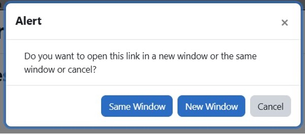 The Brickfield toolkit intercept dialogue. "Alert. Do you want to open this link in a new window or the same window or cancel?" Three buttons below: Same Window, New Window, Cancel.