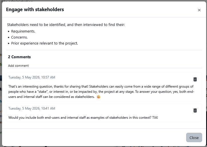 The Comments modal for a board post on "Engage with stakeholders" shows all comments, including emoticons. Comments can be deleted by their owner or by teachers.