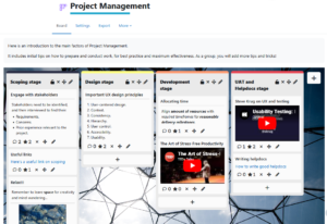 An example board with four columns and numerous different posts, covering different stages of project management: Scoping, Design, Development, and UAT and Helpdocs. Post content includes text with some markdown formatting, links, images, and videos.
