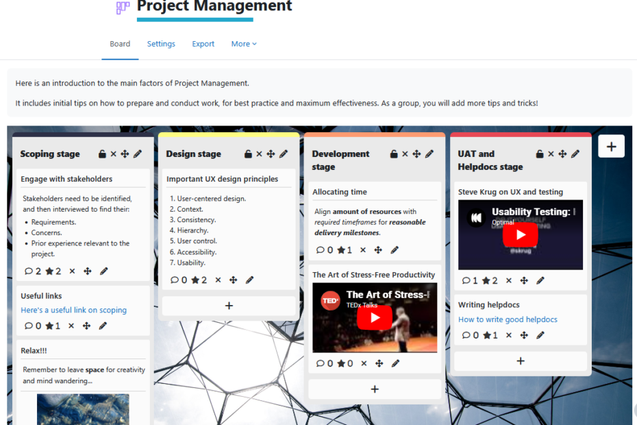 An example board with four columns and numerous different posts, covering different stages of project management: Scoping, Design, Development, and UAT and Helpdocs. Post content includes text with some markdown formatting, links, images, and videos.