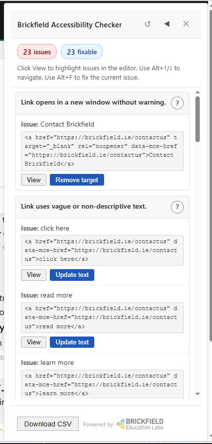 The Brickfield accessibility checker panel flagging issues in the editor with one-click fixes