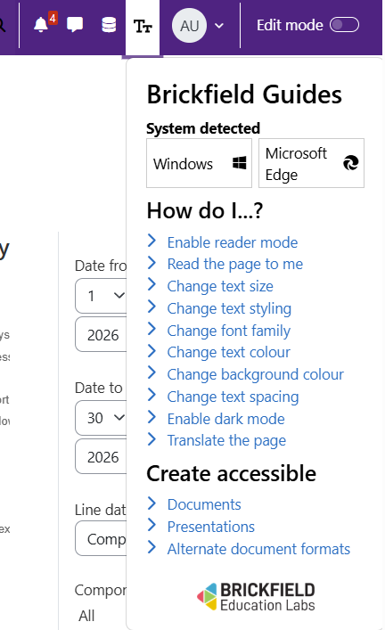 The Brickfield guides panel with browser tips and how-to guides for creating accessible documents and presentations