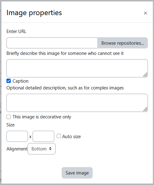 The image editor dialog with a caption field for adding a long description to a complex image