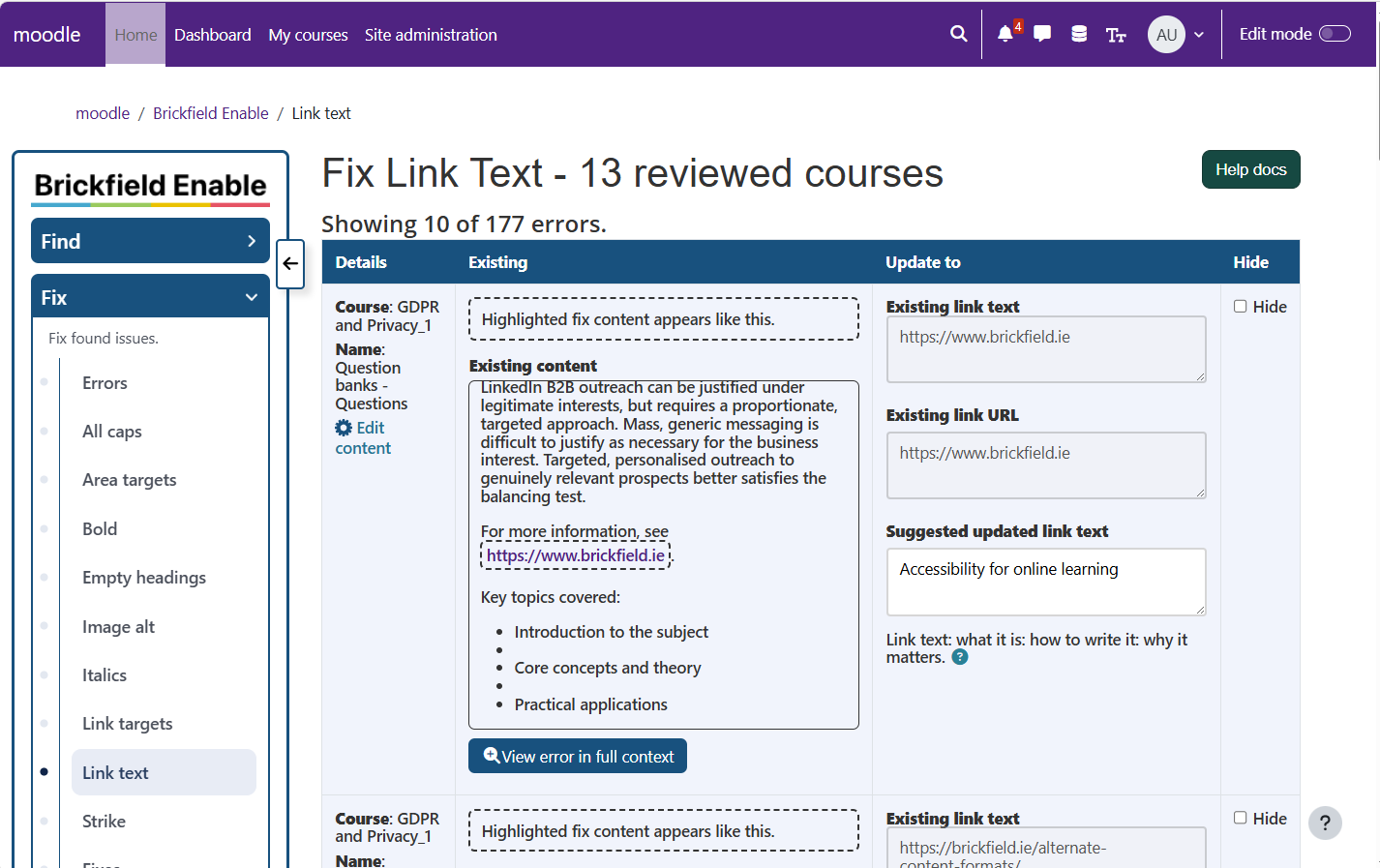 A wizard reviewing and fixing non-descriptive link text across courses