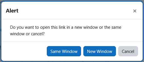 The prompt shown when a link opens a new window, letting the user choose same or new window