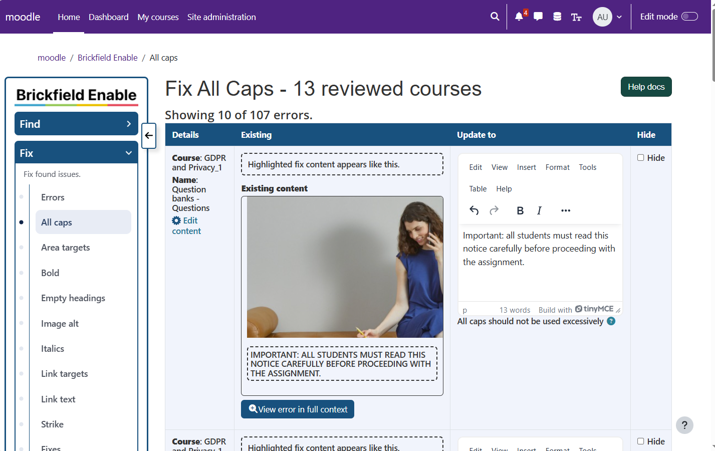 A bulk fix wizard correcting all-capitals text across multiple reviewed courses at once