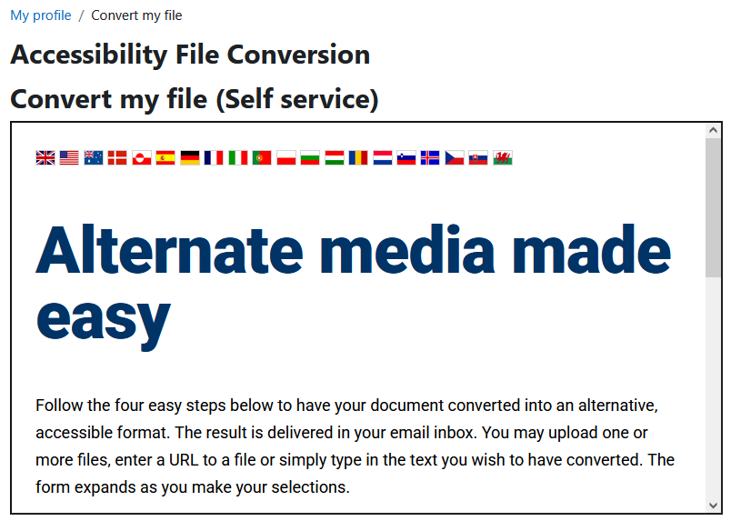 The Convert my file self-service page for uploading a document to convert into an accessible format