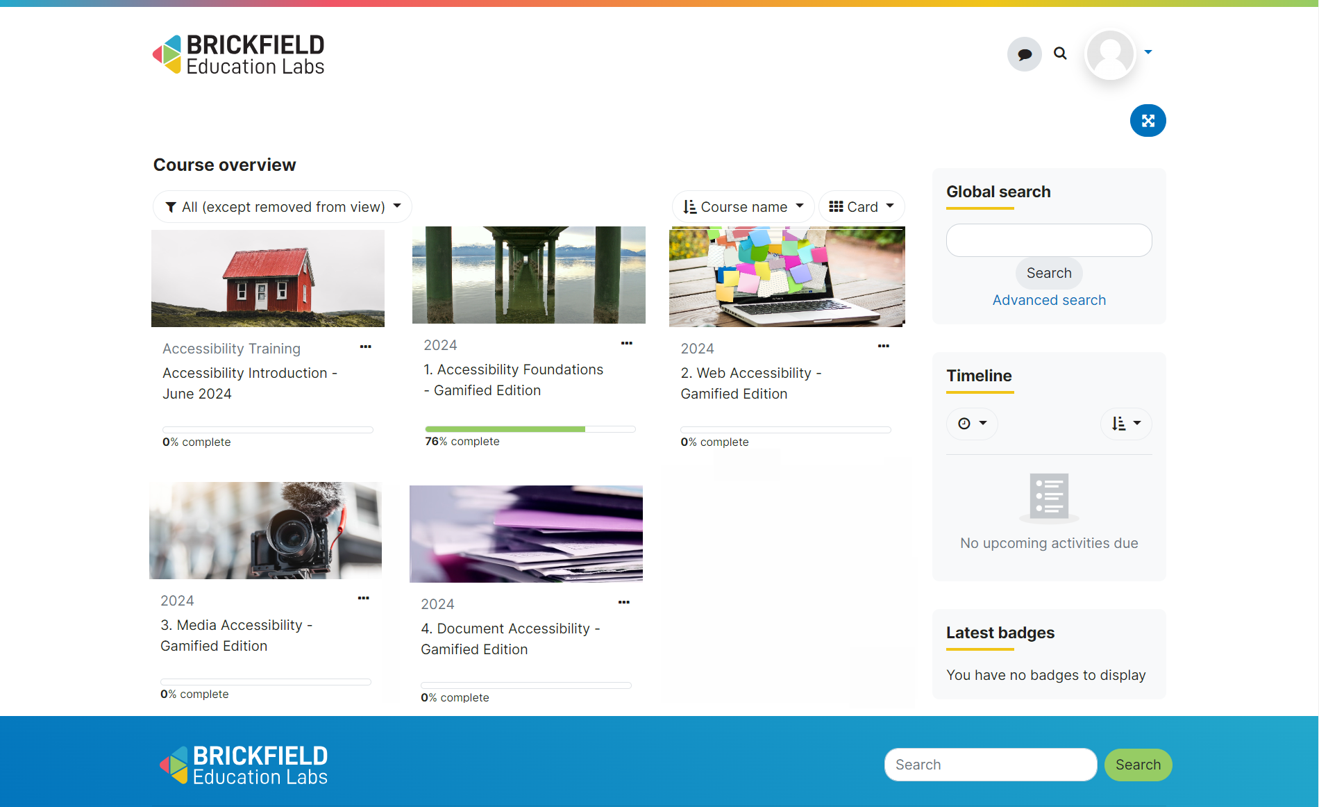 The Brickfield training catalogue showing accessibility courses with completion progress