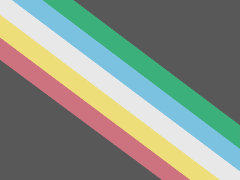 The Disability Pride Flag: five diagonal stripes in red, gold, white, blue, and green on a charcoal background.