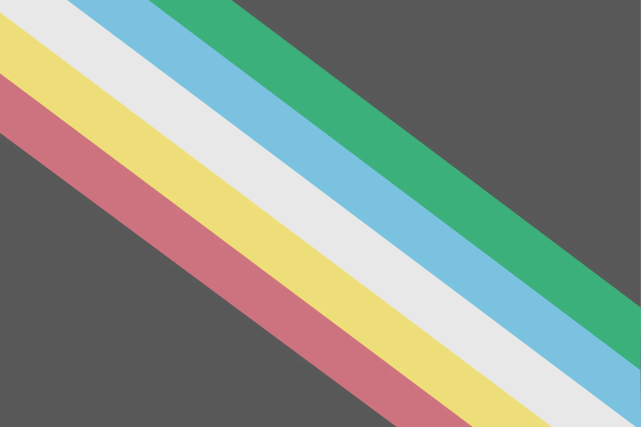 The Disability Pride Flag: five diagonal stripes in red, gold, white, blue, and green on a charcoal background.