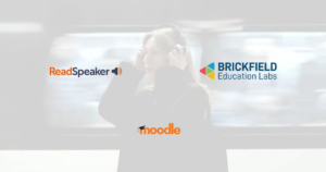 A woman wearing headphones stands on a train platform as a train passes behind her, shown faded in the background. In front are the ReadSpeaker, Brickfield Education Labs and Moodle logos.