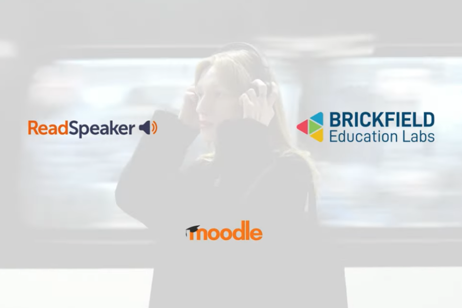 A woman wearing headphones stands on a train platform as a train passes behind her, shown faded in the background. In front are the ReadSpeaker, Brickfield Education Labs and Moodle logos.